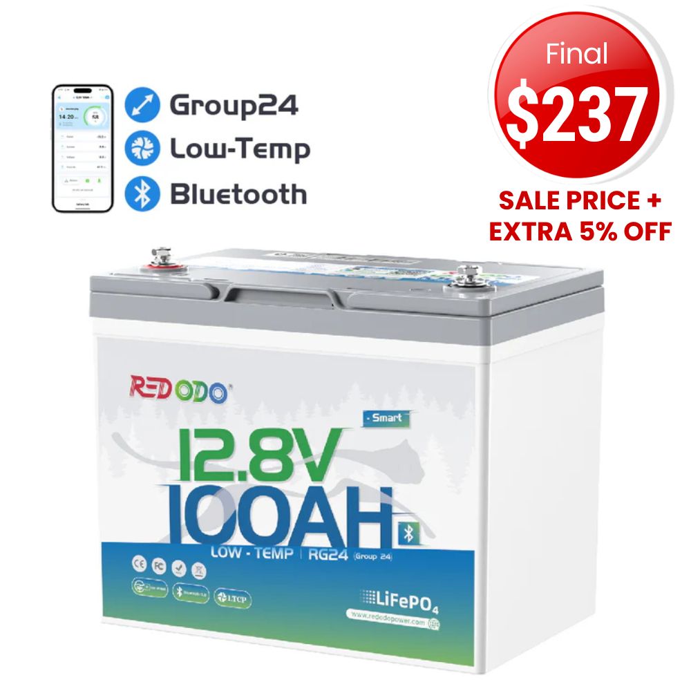 🔥【Final $237】Redodo 12V 100Ah Group 24 Bluetooth LiFePO4 Battery | Real-Time Battery Monitoring | For RV, Marine, Solar