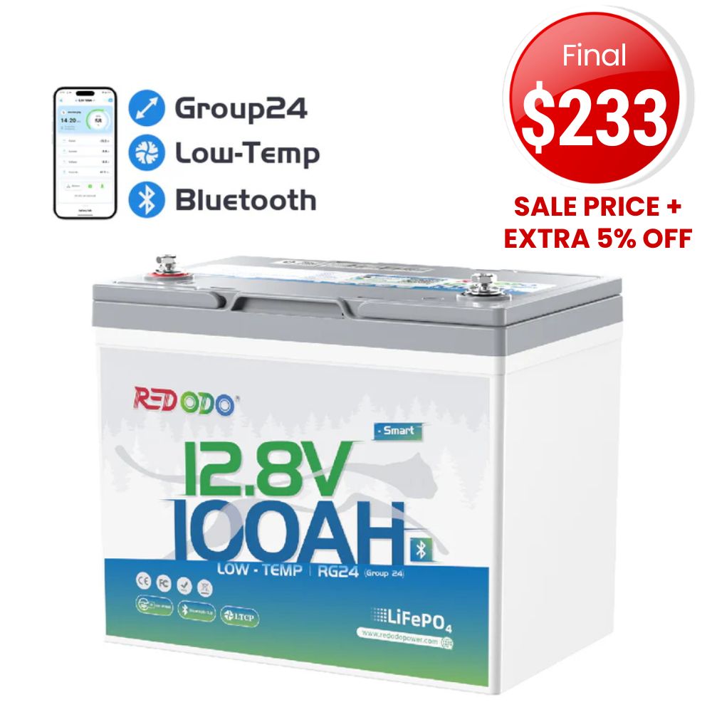 🔥【Sale-Final $233】Redodo 12V 100Ah Group 24 Bluetooth LiFePO4 Battery | Real-Time Battery Monitoring | For RV, Marine, Solar