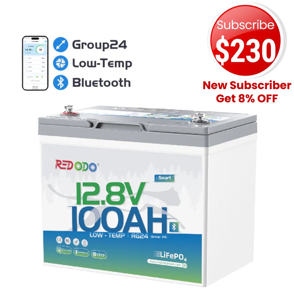 🔥【$230 After Subscribe】Redodo 12V 100Ah Group 24 Bluetooth LiFePO4 Battery | Real-Time Battery Monitoring | For RV, Marine, Solar
