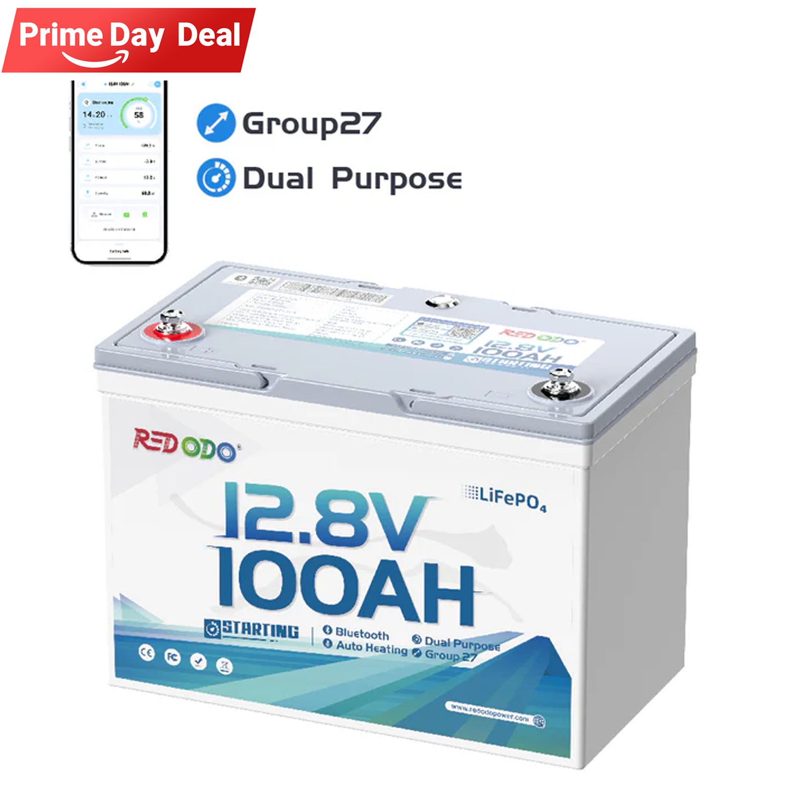 ⚡[$322 after Sign-Up] Redodo 12V 100Ah 900 CCA Group 27 Dual Purpose Marine Battery with OTA Bluetooth Auto-Heating