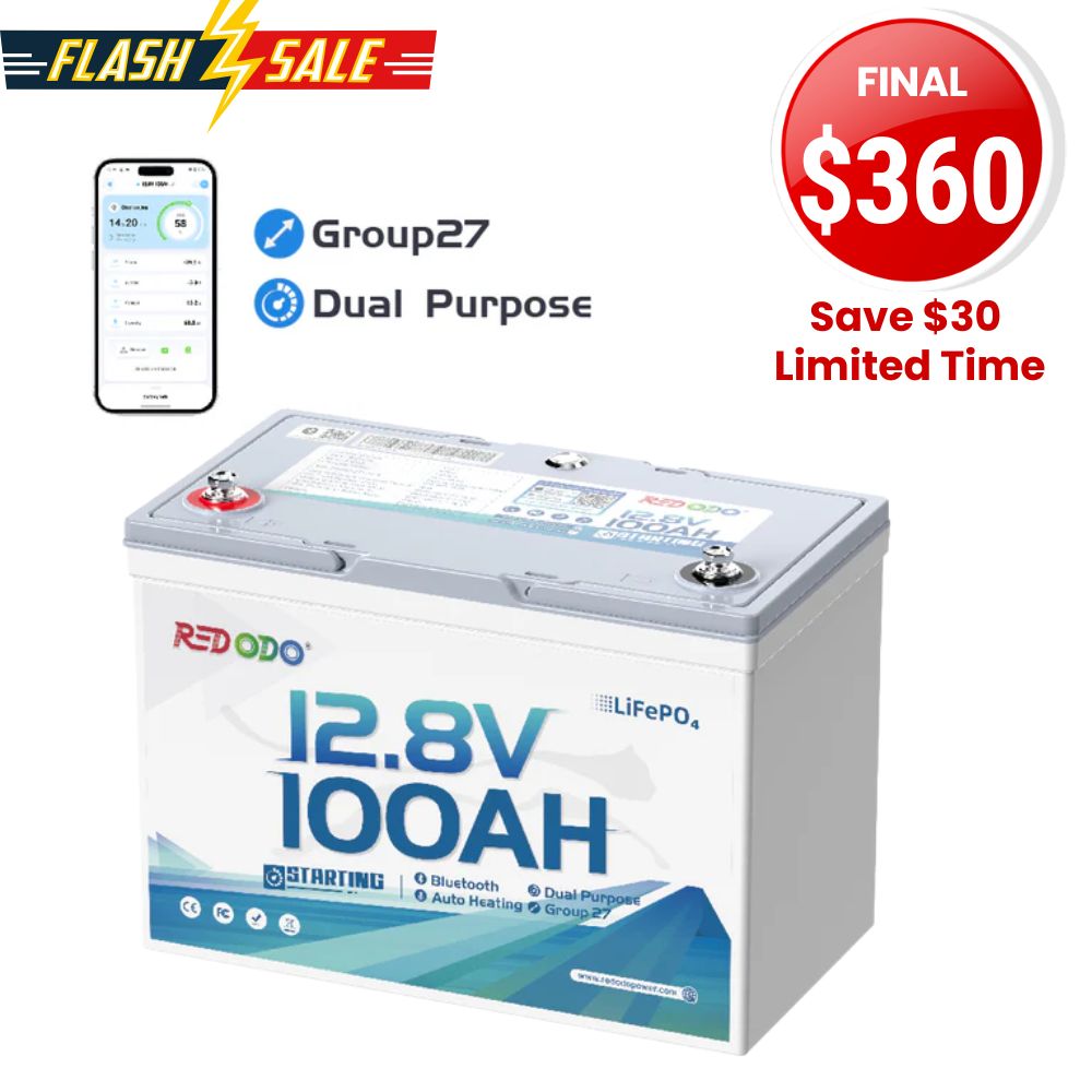 ⚡【Falsh Sale】Redodo 12V 100Ah 900 CCA Group 27 Dual Purpose Marine Battery with OTA Bluetooth Auto-Heating