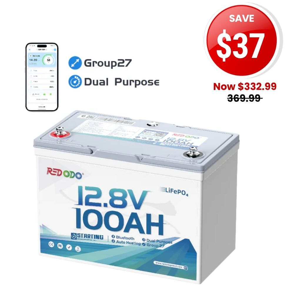 🔥【SAVE $37】Redodo 12V 100Ah 900 CCA Group 27 Dual Purpose Marine Battery with OTA Bluetooth Auto-Heating