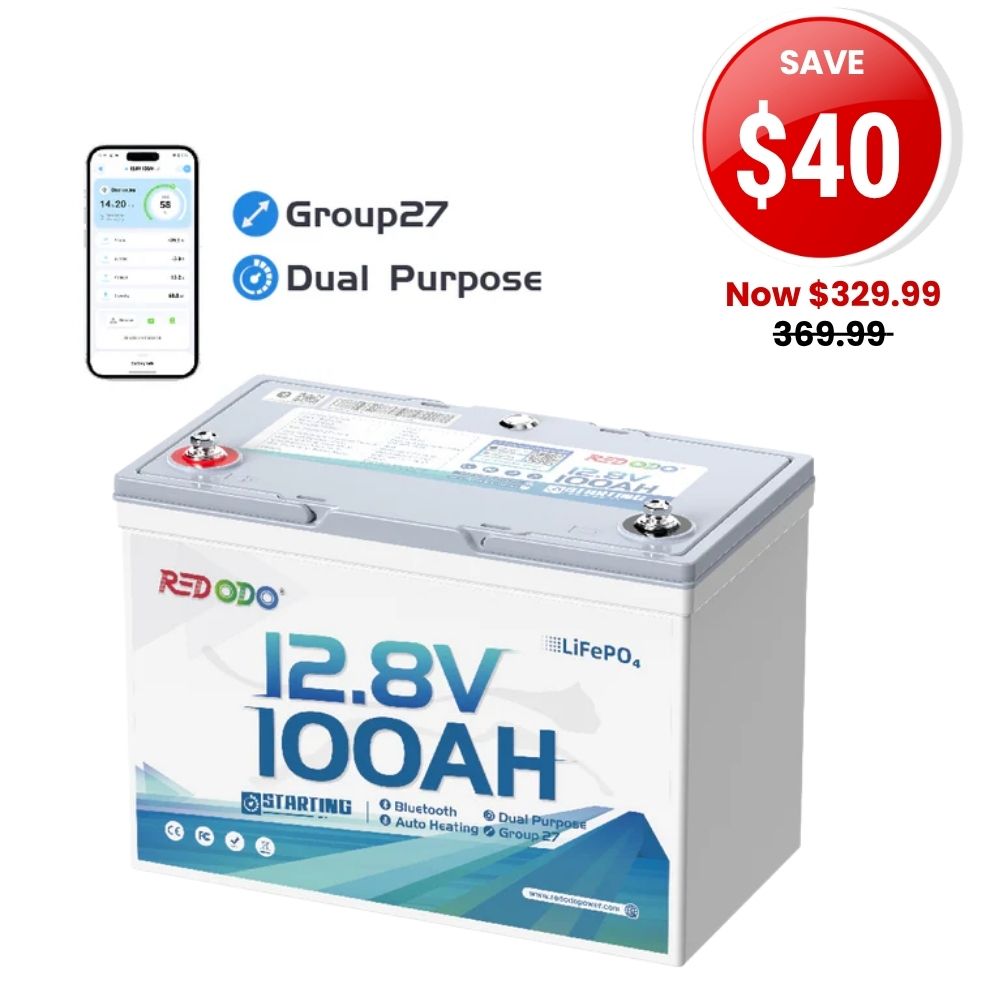 🔥【SAVE $40】Redodo 12V 100Ah 900 CCA Group 27 Dual Purpose Marine Battery with OTA Bluetooth Auto-Heating