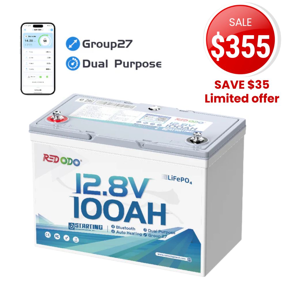 🔥【Slae-$355 Only】Redodo 12V 100Ah 900 CCA Group 27 Dual Purpose Marine Battery with OTA Bluetooth Auto-Heating