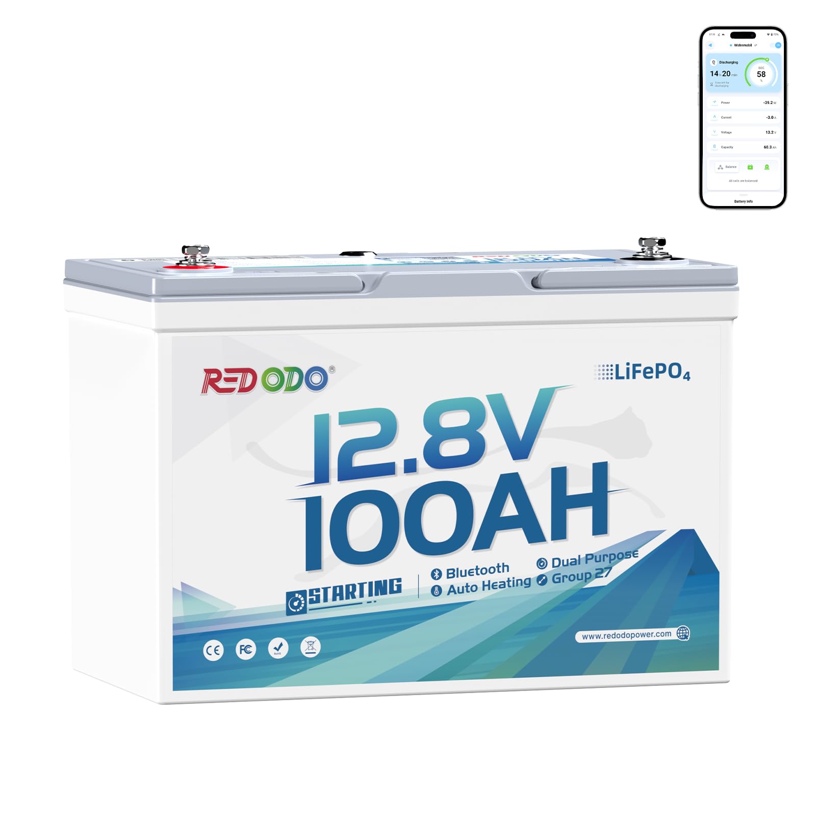 Redodo 12V 100Ah 900 CCA Group 27 Dual Purpose Marine Battery
