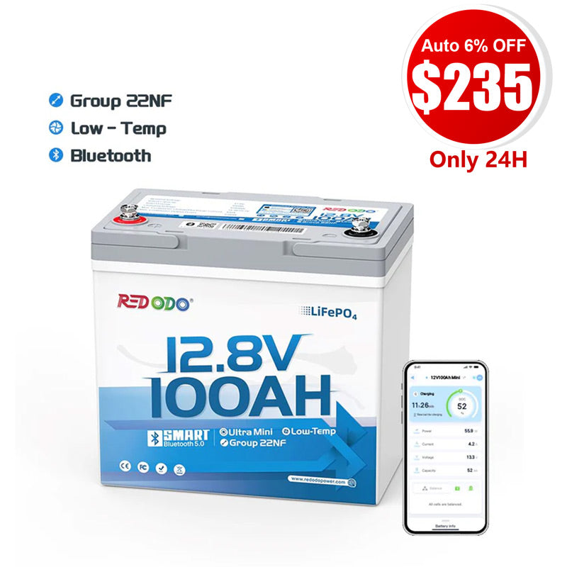 ⚡【$235 Only 24H】Redodo 12V 100Ah Ultra-Mini Lithium LiFePO4 Battery | Smallest Bluetooth Battery | For RV, Trolling Motor, Solar