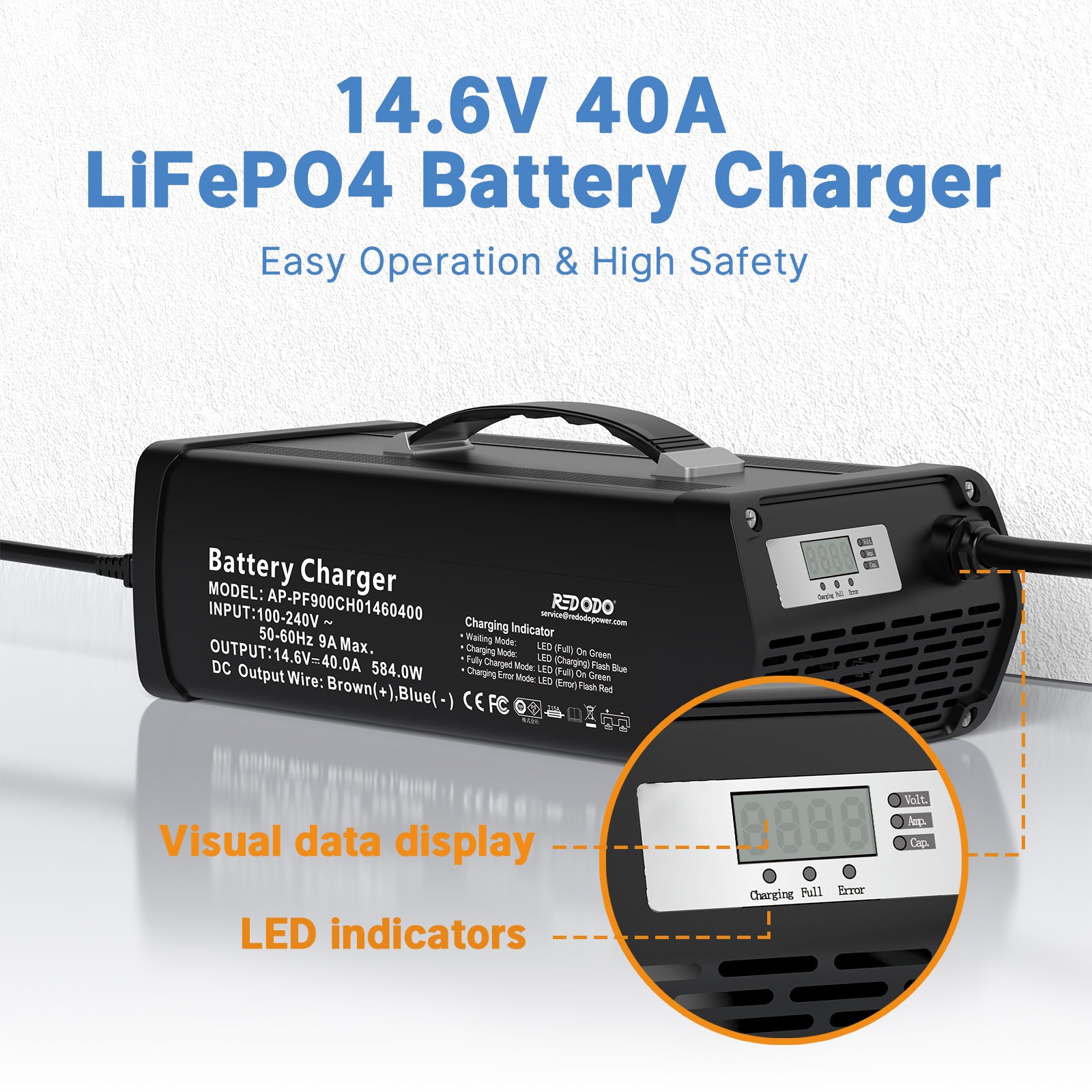 Redodo 14.6V 40A Handle LiFePO4 Battery Charger easy operation & high safety