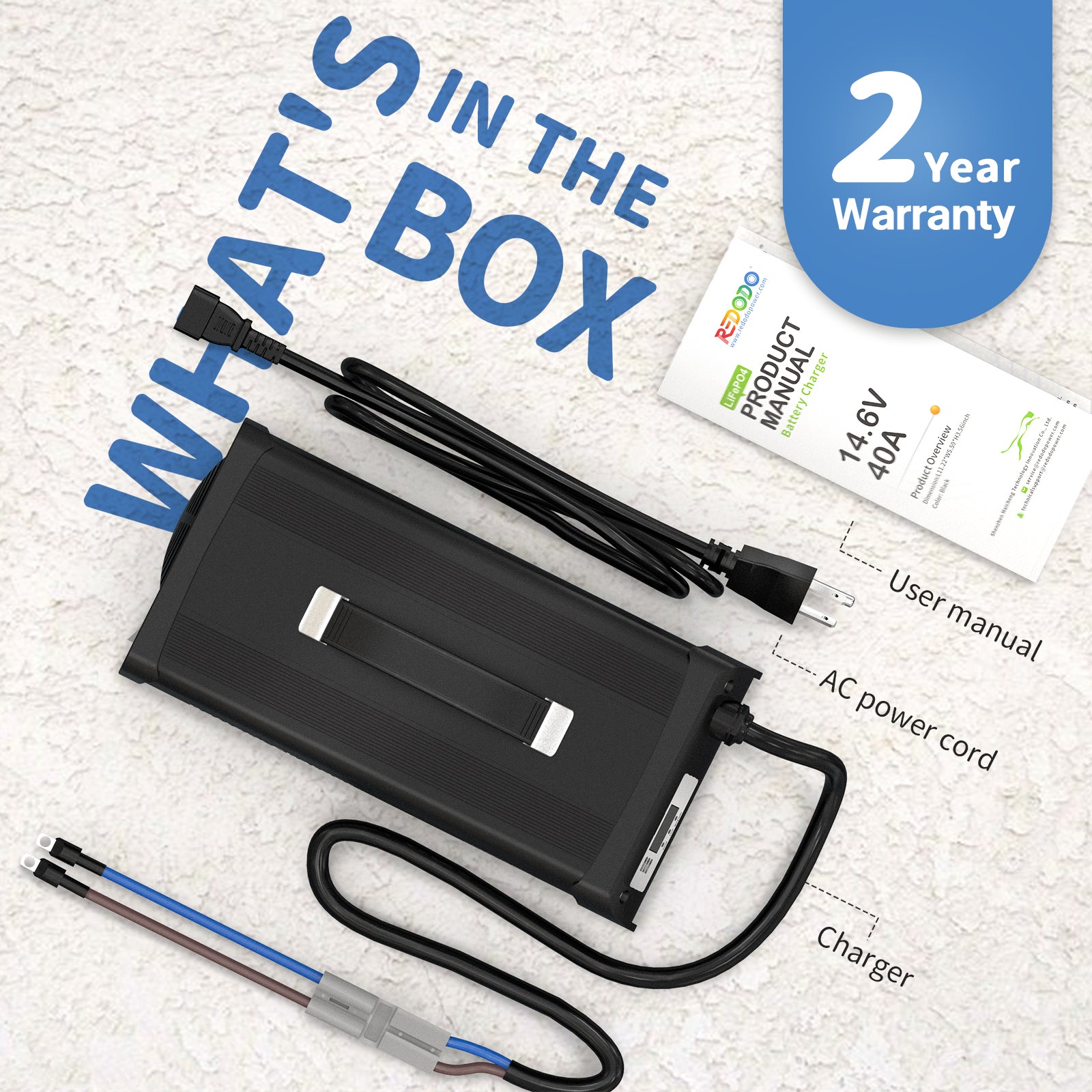 Redodo 14.6V 40A Handle LiFePO4 Battery Charger package